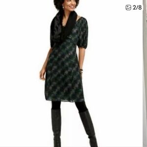 Cabi Elaine geometric puff sleeve green black multicolor dress S